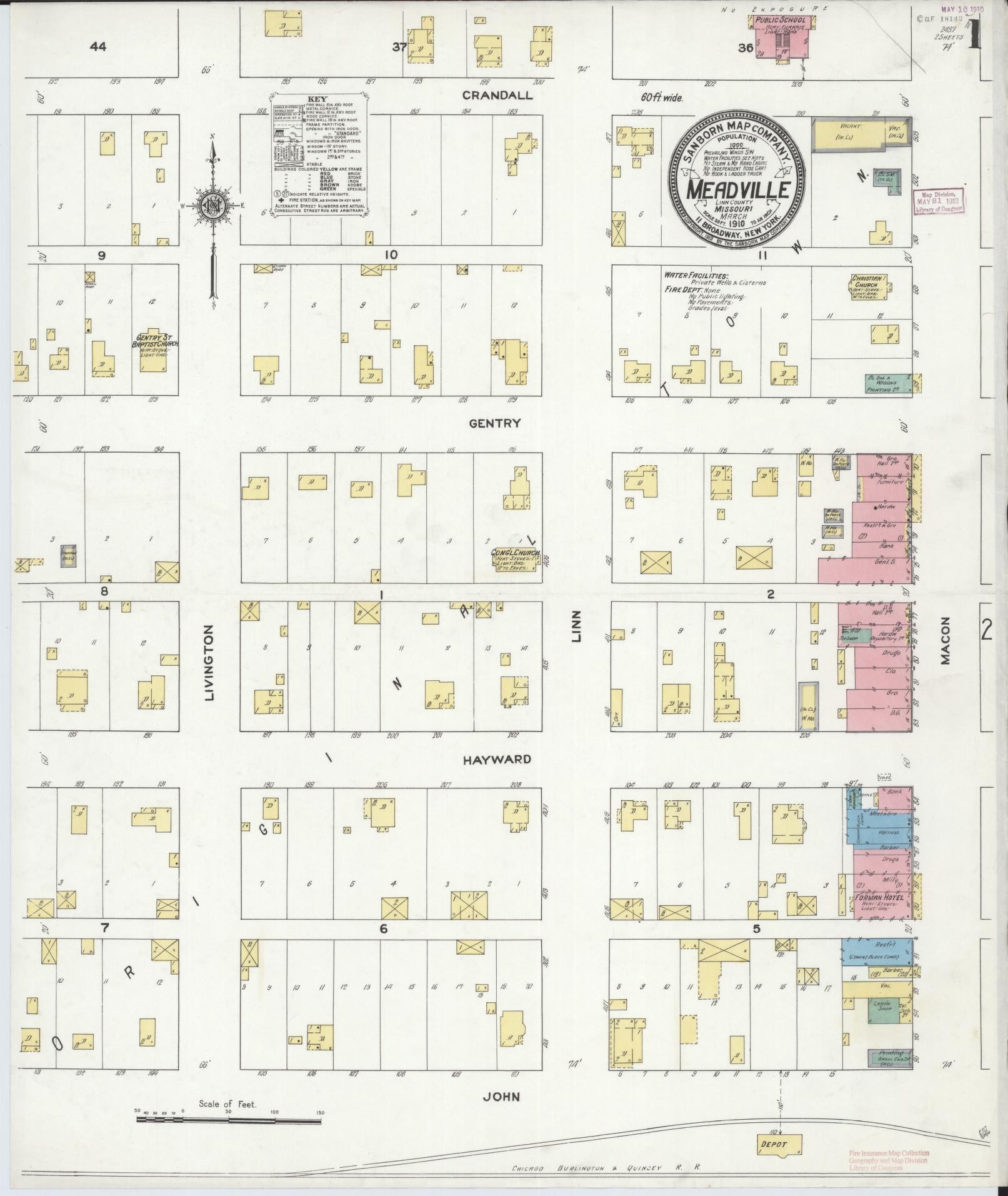 Sanborn Fire Insurance Map from Meadville, Linn County, Missouri (1910), Sheet #0001 - Historic Sanborn Fire Insurance Map Print, vintage old map wall art, antique decor, genealogy gift, Missouri Missouri map