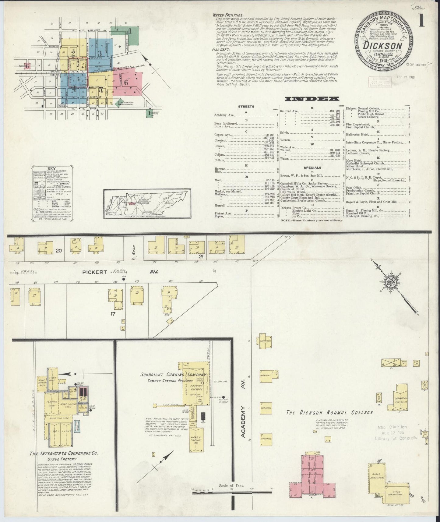 Sanborn Fire Insurance Map from Dickson, Dickson County, Tennessee (1913), Sheet #0001 - Complete Map Set gallery image, historic Sanborn map, vintage wall art, Tennessee Tennessee