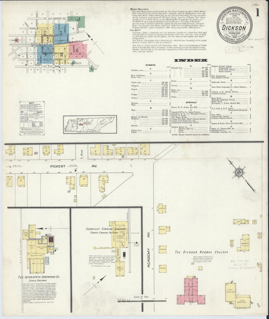 Sanborn Fire Insurance Map from Dickson, Dickson County, Tennessee (1913), Sheet #0001 - Complete Map Set gallery image, historic Sanborn map, vintage wall art, Tennessee Tennessee