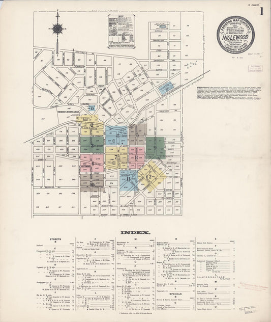 Sanborn Fire Insurance Map from Inglewood, Los Angeles County, California (1912), Sheet #0001 - Complete Map Set gallery image, historic Sanborn map, vintage wall art, California California