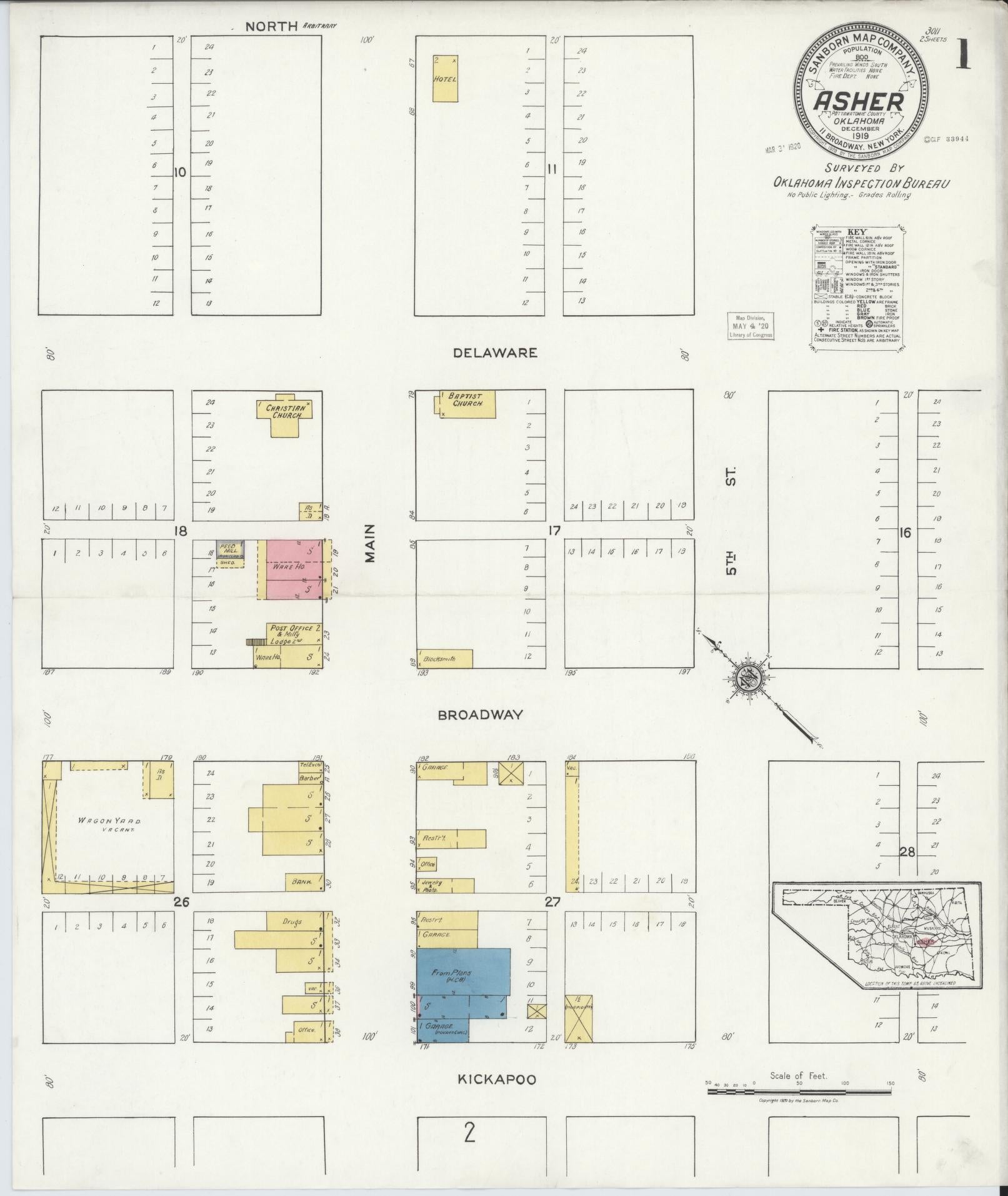 Sanborn Fire Insurance Map from Asher, Pottawatomie County, Oklahoma (1919), Sheet #0001 - Complete Map Set gallery image, historic Sanborn map, vintage wall art, Oklahoma Oklahoma