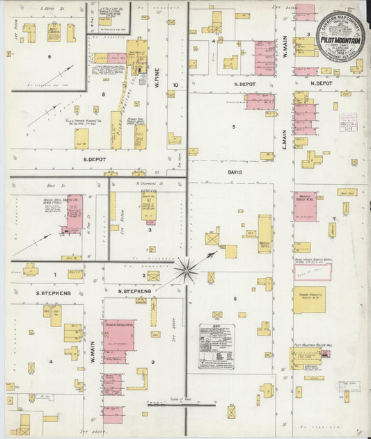 Sanborn Fire Insurance Map from Pilot Mountain, Surry County, North Carolina (1905), Sheet #0001 - Historic Sanborn Fire Insurance Map Print, vintage old map wall art, antique decor, genealogy gift, North Carolina North Carolina map