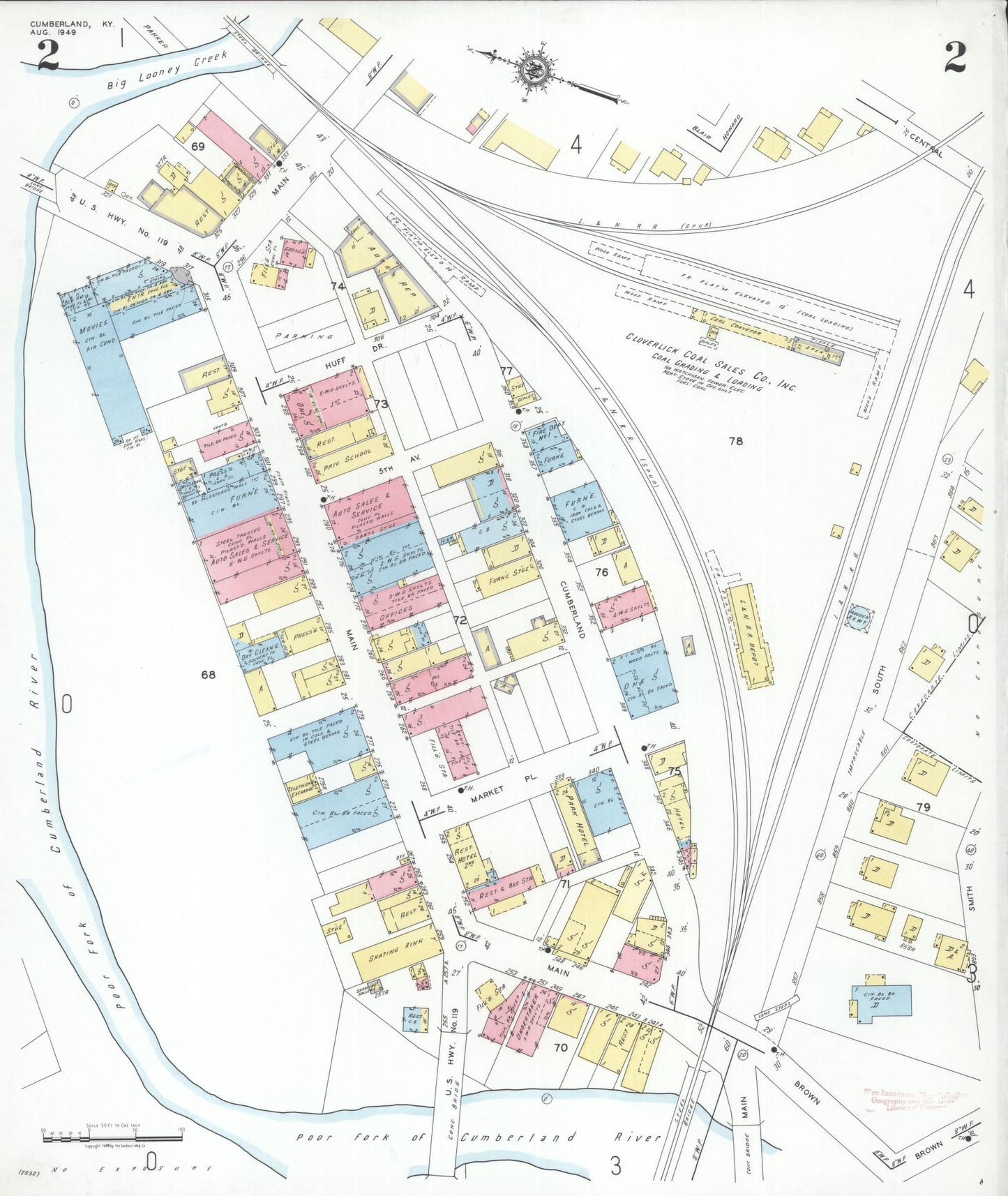 Sanborn Fire Insurance Map from Cumberland, Harlan County, Kentucky (1949), Sheet #0002 - Historic Sanborn Fire Insurance Map Print, vintage old map wall art, antique decor, genealogy gift, Kentucky Kentucky map