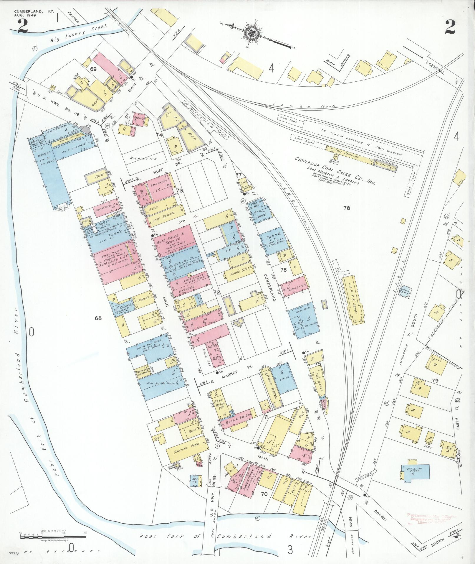 Sanborn Fire Insurance Map from Cumberland, Harlan County, Kentucky (1949), Sheet #0002 - Historic Sanborn Fire Insurance Map Print, vintage old map wall art, antique decor, genealogy gift, Kentucky Kentucky map