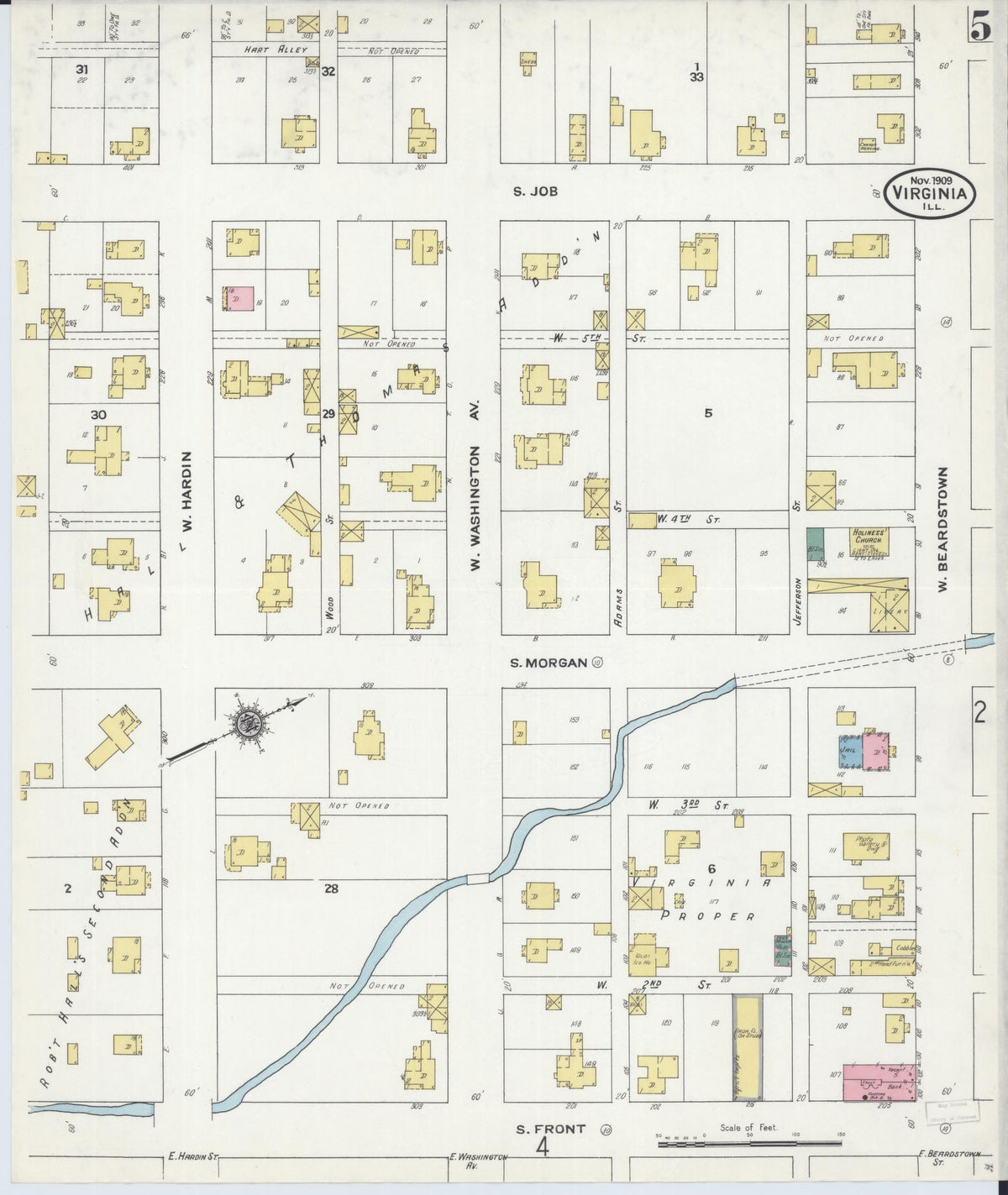 Sanborn Fire Insurance Map from Virginia, Cass County, Illinois (1909), Sheet #0005 - Historic Sanborn Fire Insurance Map Print, vintage old map wall art, antique decor, genealogy gift, Illinois Illinois map