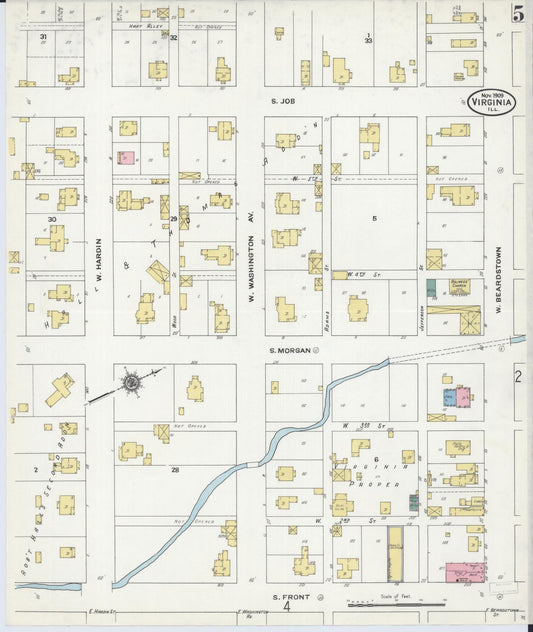 Sanborn Fire Insurance Map from Virginia, Cass County, Illinois (1909), Sheet #0005 - Historic Sanborn Fire Insurance Map Print, vintage old map wall art, antique decor, genealogy gift, Illinois Illinois map