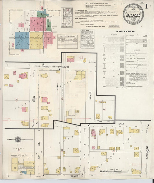 Sanborn Fire Insurance Map from Milford, Kosciusko County, Indiana (1933), Sheet #0001 - Historic Sanborn Fire Insurance Map Print, vintage old map wall art, antique decor, genealogy gift, Indiana Indiana map
