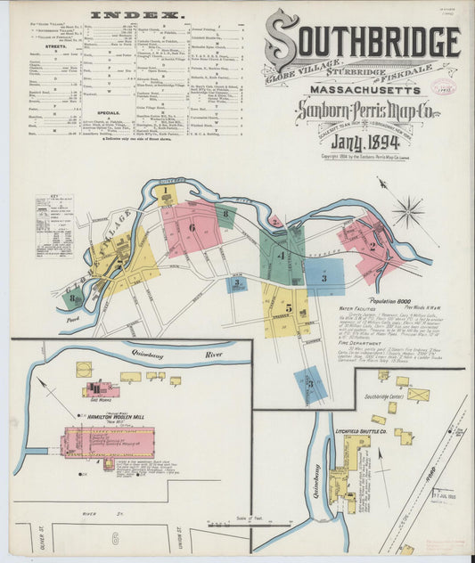 Sanborn Fire Insurance Map from Southbridge, Worcester County, Massachusetts (1894), Sheet #0001 - Historic Sanborn Fire Insurance Map Print, vintage old map wall art, antique decor, genealogy gift, Massachusetts Massachusetts map