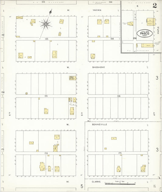 Sanborn Fire Insurance Map from Pasco, Franklin County, Washington (1909), Sheet #0002 - Historic Sanborn Fire Insurance Map Print, vintage old map wall art, antique decor, genealogy gift, Washington Washington map