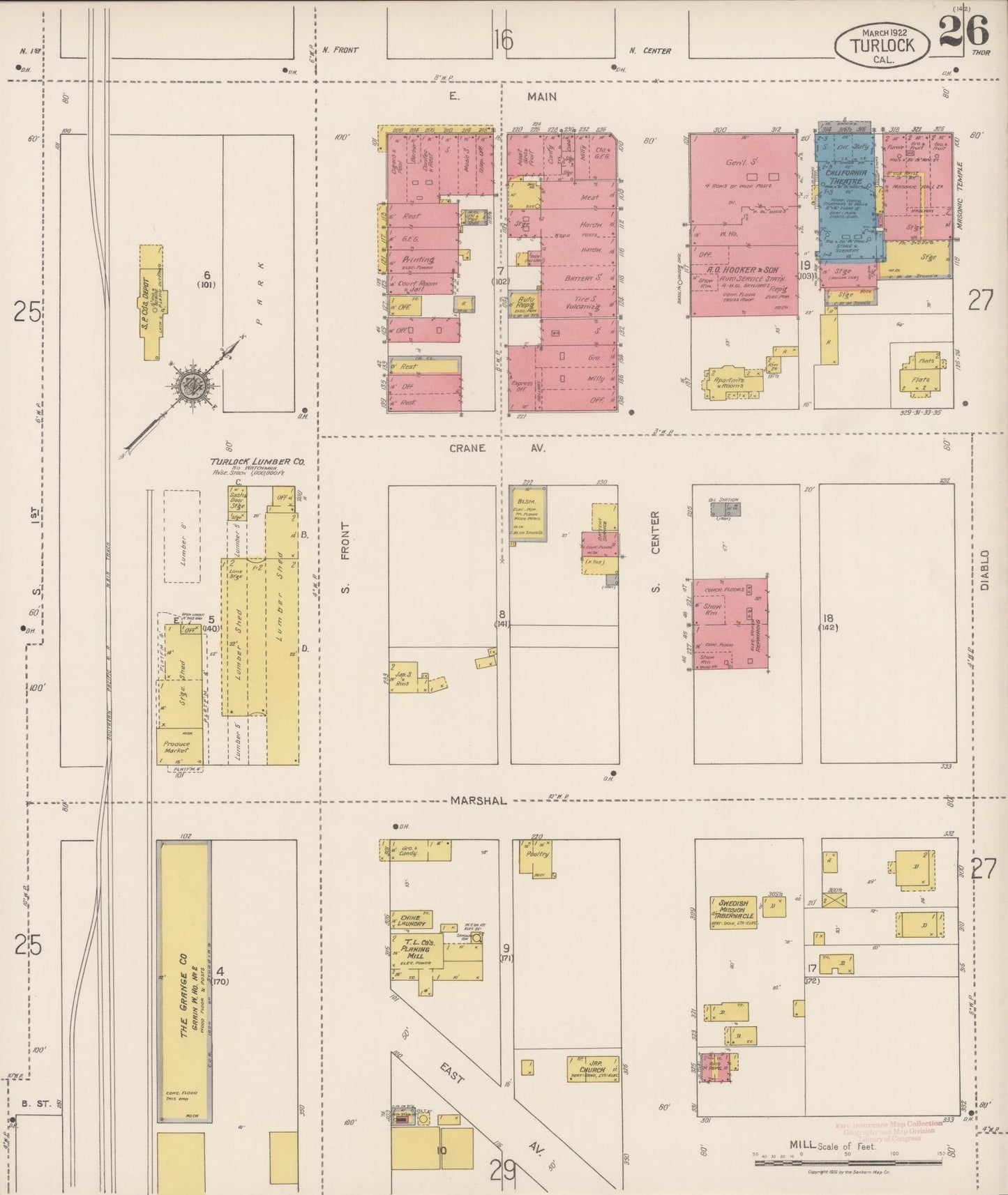Sanborn Fire Insurance Map from Turlock, Stanislaus County, California (1922), Sheet #0026 - Complete Map Set gallery image, historic Sanborn map, vintage wall art, California California