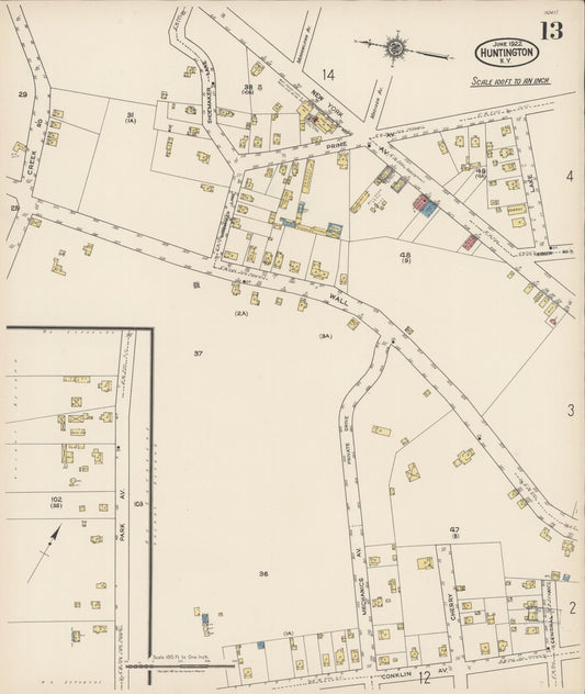 Sanborn Fire Insurance Map from Huntington, Suffolk County, New York (1922), Sheet #0013 - Historic Sanborn Fire Insurance Map Print, vintage old map wall art, antique decor, genealogy gift, New York New York map