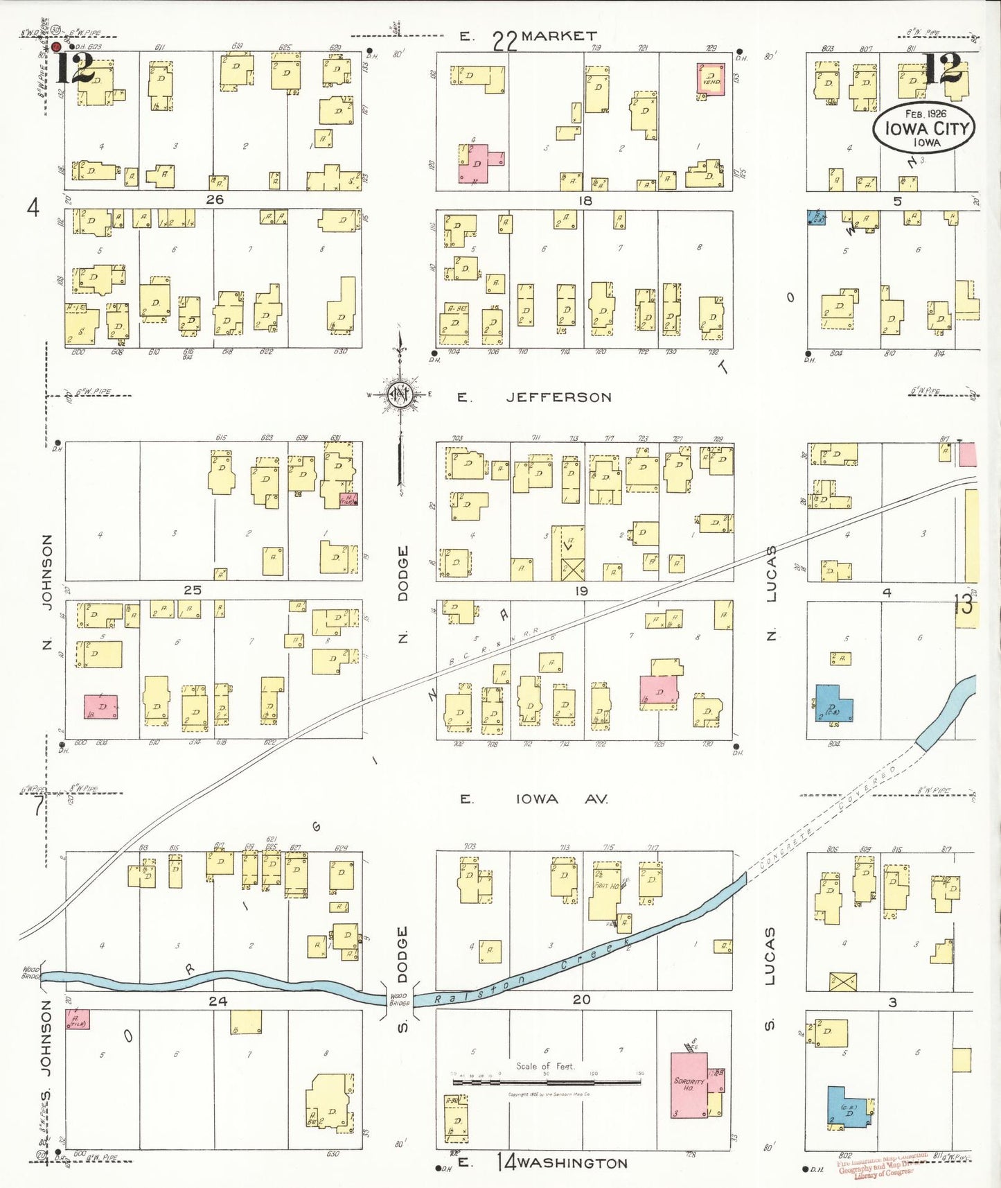 Sanborn Fire Insurance Map from Iowa City, Johnson County, Iowa (1926), Sheet #0012 - Historic Sanborn Fire Insurance Map Print, vintage old map wall art