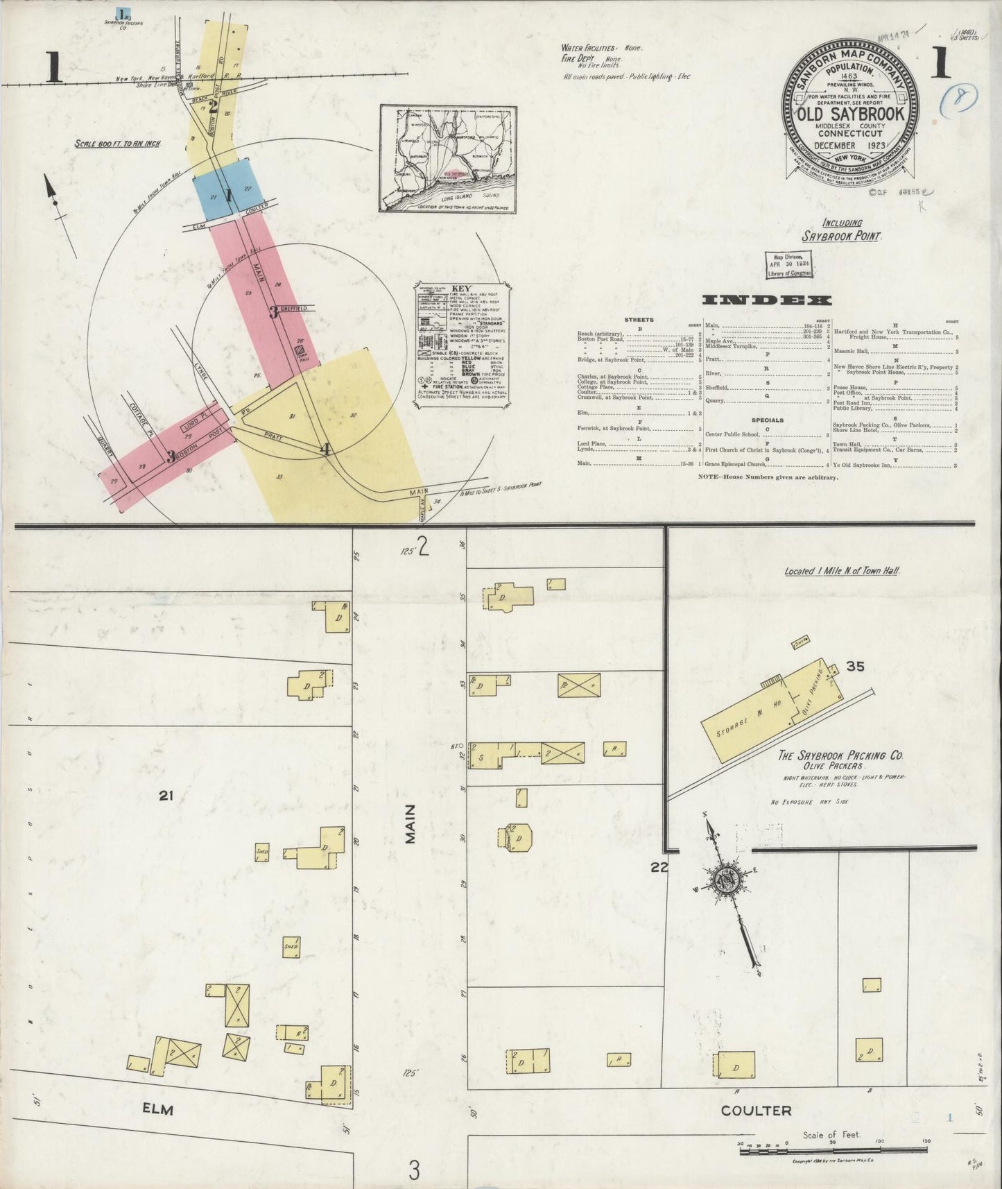 Sanborn Fire Insurance Map from Old Saybrook, Middlesex County, Connecticut (1923), Sheet #0001 - Historic Sanborn Fire Insurance Map Print, vintage old map wall art, antique decor, genealogy gift, Connecticut Connecticut map