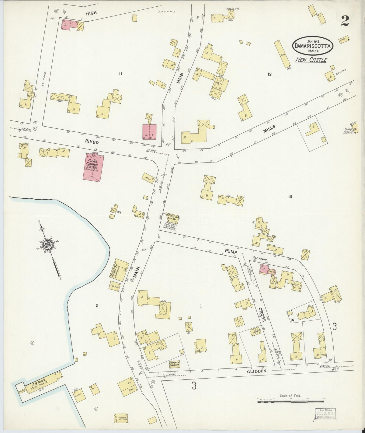 Sanborn Fire Insurance Map from Damariscotta, Lincoln County, Maine (1912), Sheet #0002 - Historic Sanborn Fire Insurance Map Print, vintage old map wall art, antique decor, genealogy gift, Maine Maine map