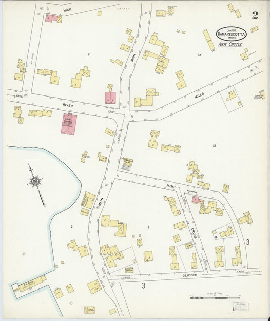 Sanborn Fire Insurance Map from Damariscotta, Lincoln County, Maine (1912), Sheet #0002 - Historic Sanborn Fire Insurance Map Print, vintage old map wall art, antique decor, genealogy gift, Maine Maine map