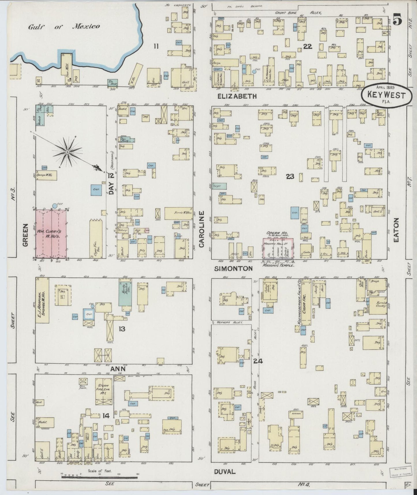 Sanborn Fire Insurance Map from Key West, Monroe County, Florida (1889), Sheet #0005 - Complete Map Set gallery image, historic Sanborn map, vintage wall art, Florida Florida