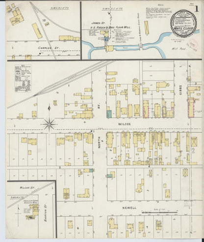 Sanborn Fire Insurance Map from White Cloud, Newaygo County, Michigan (1894), Sheet #0001 - Historic Sanborn Fire Insurance Map Print, vintage old map wall art, antique decor, genealogy gift, Michigan Michigan map