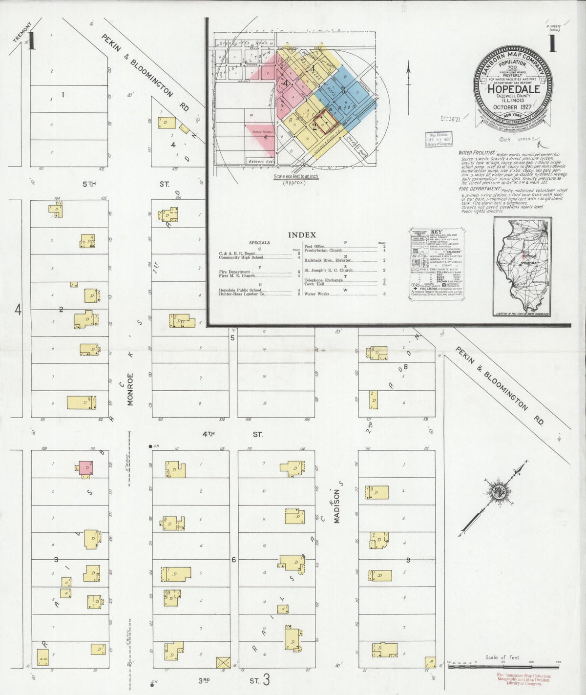 Sanborn Fire Insurance Map from Hopedale, Tazewell County, Illinois (1927), Sheet #0001 - Historic Sanborn Fire Insurance Map Print, vintage old map wall art, antique decor, genealogy gift, Illinois Illinois map