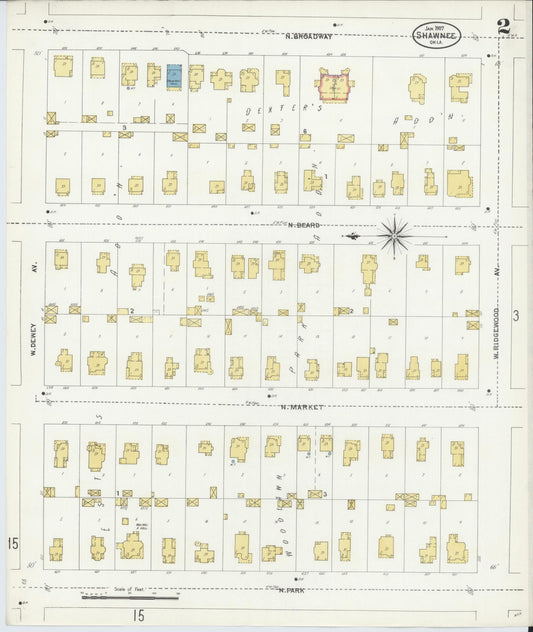 Sanborn Fire Insurance Map from Shawnee, Pottawatomie County, Oklahoma (1907), Sheet #0002 - Historic Sanborn Fire Insurance Map Print, vintage old map wall art, antique decor, genealogy gift, Oklahoma Oklahoma map