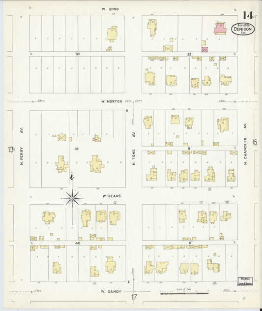Sanborn Fire Insurance Map from Denison, Grayson County, Texas (1908), Sheet #0014 - Historic Sanborn Fire Insurance Map Print, vintage old map wall art, antique decor, genealogy gift, Texas Texas map