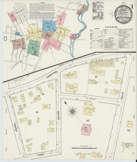 Sanborn Fire Insurance Map from Middleboro, Plymouth County, Massachusetts (1891), Sheet #0001 - Complete Map Set gallery image, historic Sanborn map, vintage wall art, Massachusetts Massachusetts