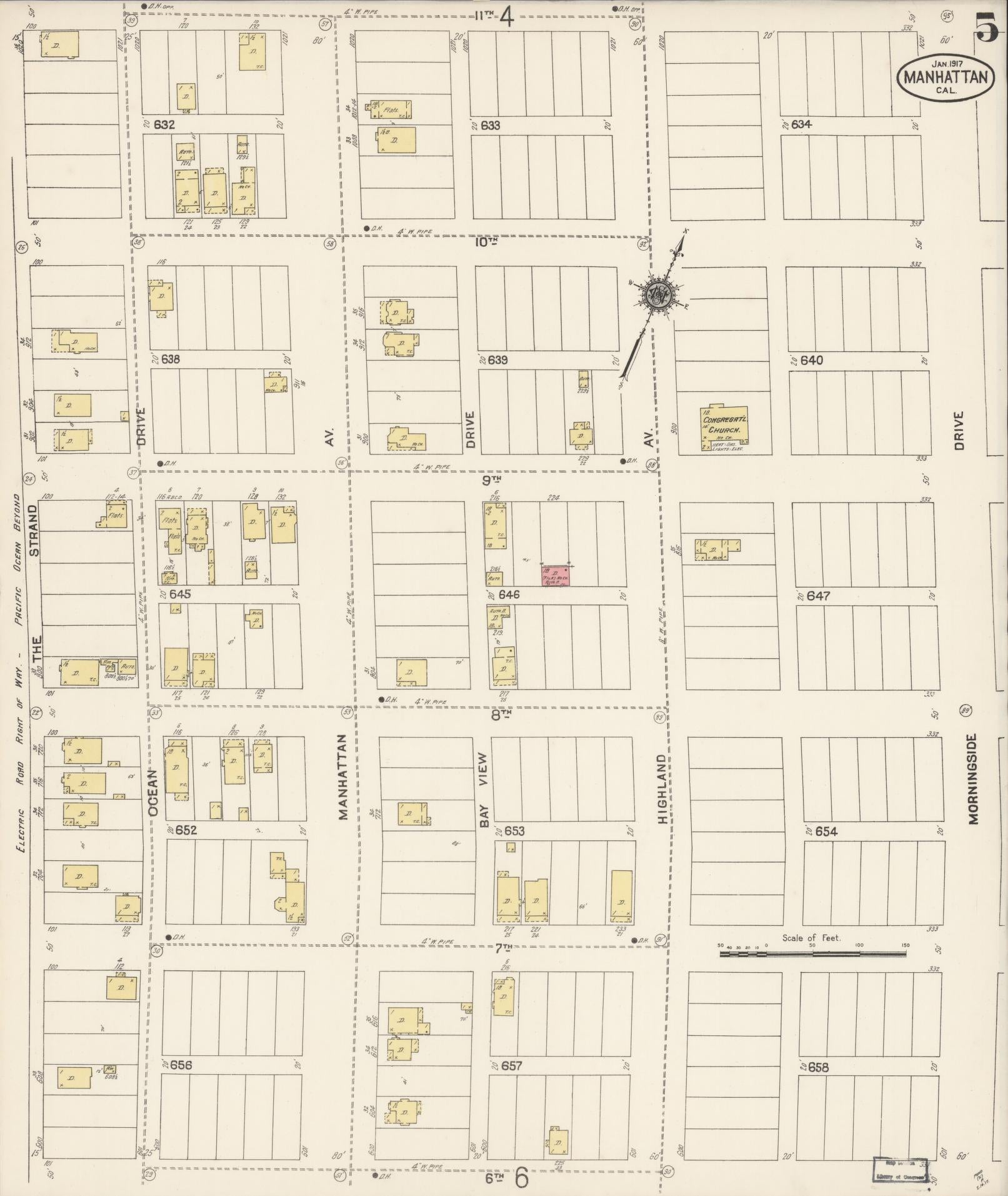 Sanborn Fire Insurance Map from Manhattan Beach, Los Angeles County, California (1917), Sheet #0005 - Historic Sanborn Fire Insurance Map Print, vintage old map wall art, antique decor, genealogy gift, California California map