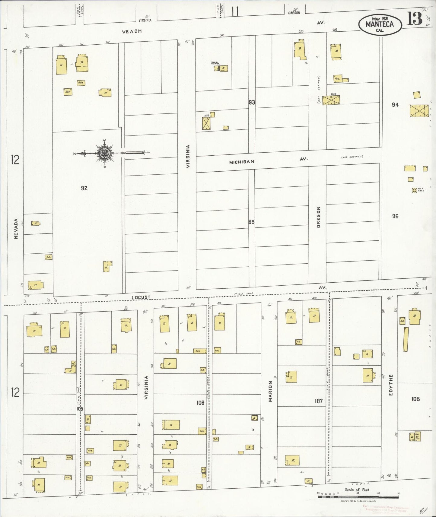 Sanborn Fire Insurance Map from Manteca, San Joaquin County, California (1921), Sheet #0013 - Historic Sanborn Fire Insurance Map Print, vintage old map wall art, antique decor, genealogy gift, California California map