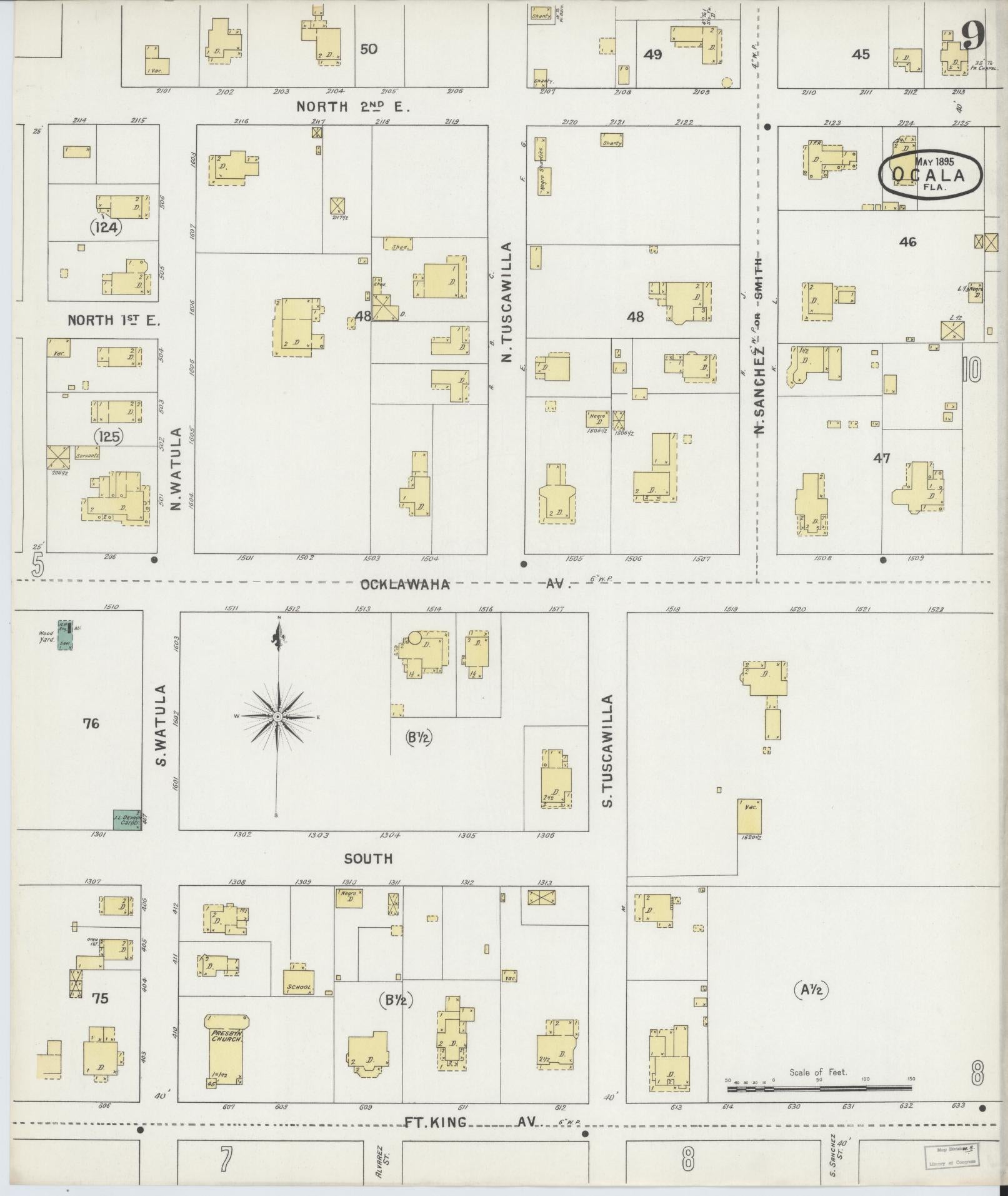 Sanborn Fire Insurance Map from Ocala, Marion County, Florida (1895), Sheet #0009 - Complete Map Set gallery image, historic Sanborn map, vintage wall art, Florida Florida