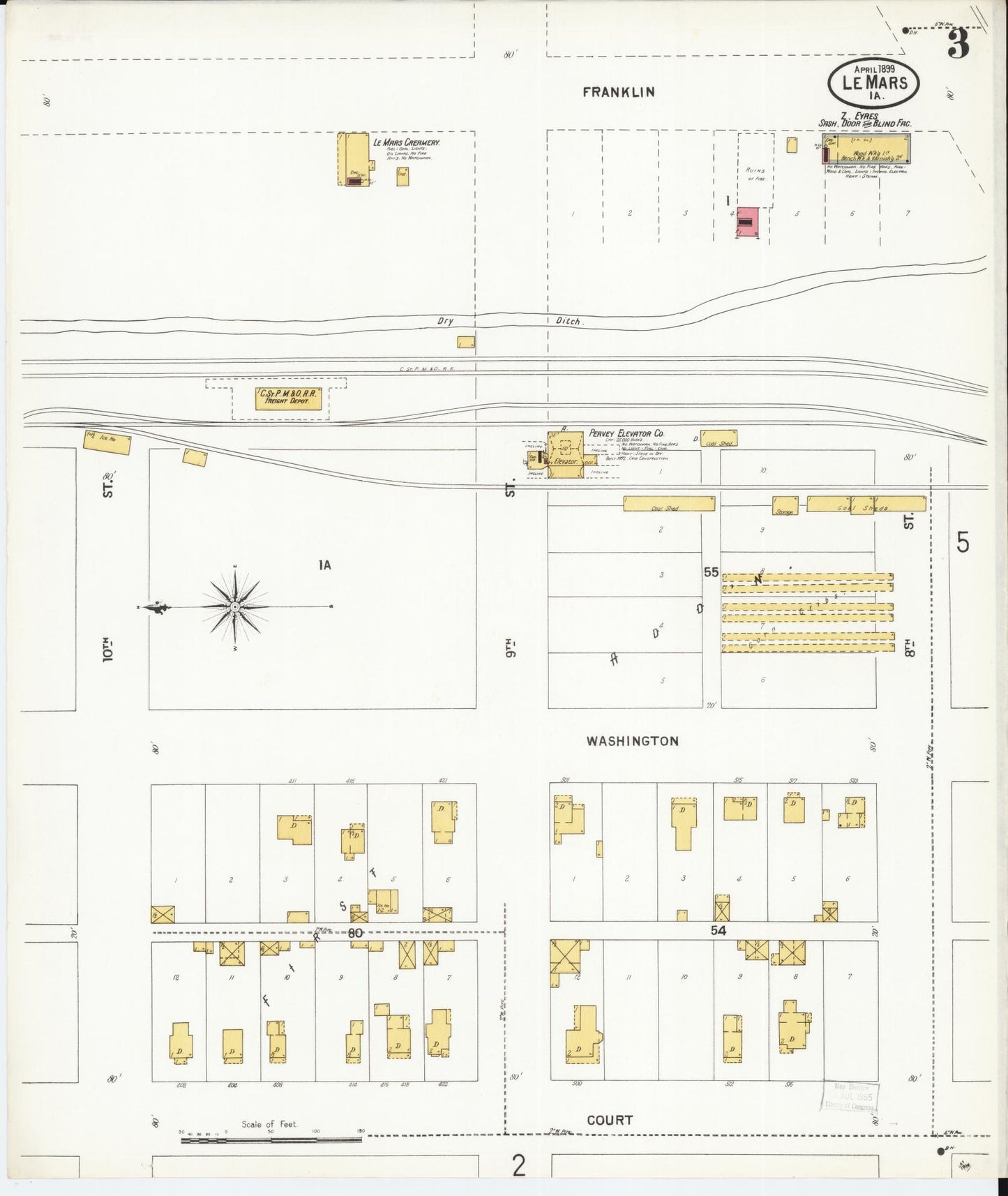 Sanborn Fire Insurance Map from Le Mars, Plymouth County, Iowa (1899), Sheet #0003 - Historic Sanborn Fire Insurance Map Print, vintage old map wall art