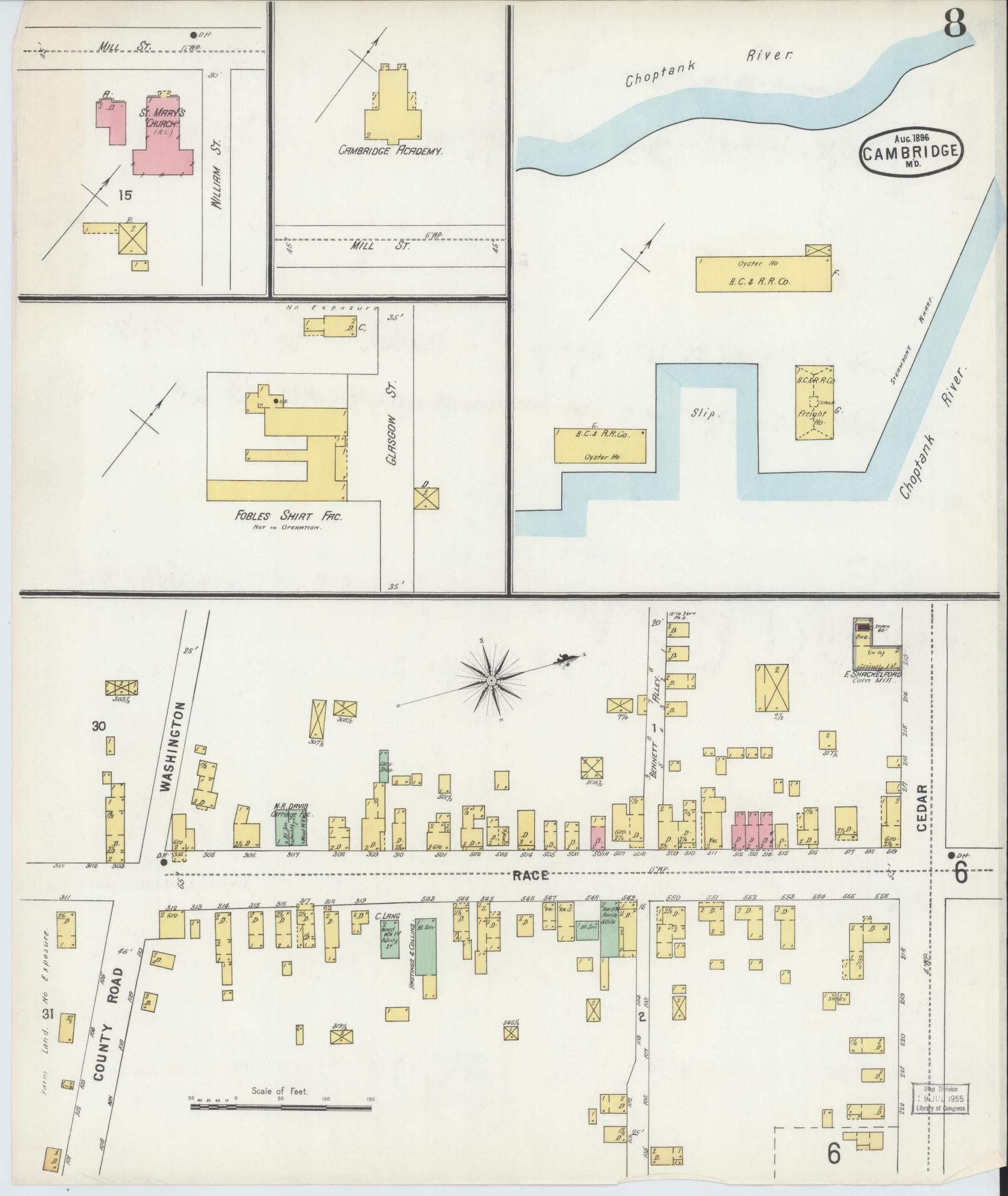 Dorchester, Maryland - 1896 - Sanborn Fire Insurance Map, Sheet #0008 - Historic Sanborn Fire Insurance Map Print, Dorchester Maryland 1896 0008 vintage old map wall art