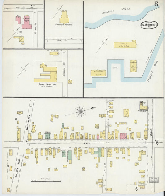 Dorchester, Maryland - 1896 - Sanborn Fire Insurance Map, Sheet #0008 - Historic Sanborn Fire Insurance Map Print, Dorchester Maryland 1896 0008 vintage old map wall art