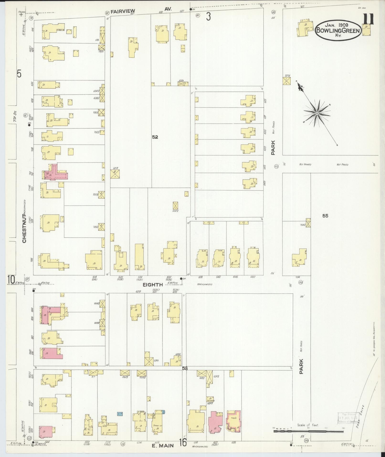 Sanborn Fire Insurance Map from Bowling Green, Warren County, Kentucky (1909), Sheet #0011 - Historic Sanborn Fire Insurance Map Print, vintage old map wall art, antique decor, genealogy gift, Kentucky Kentucky map