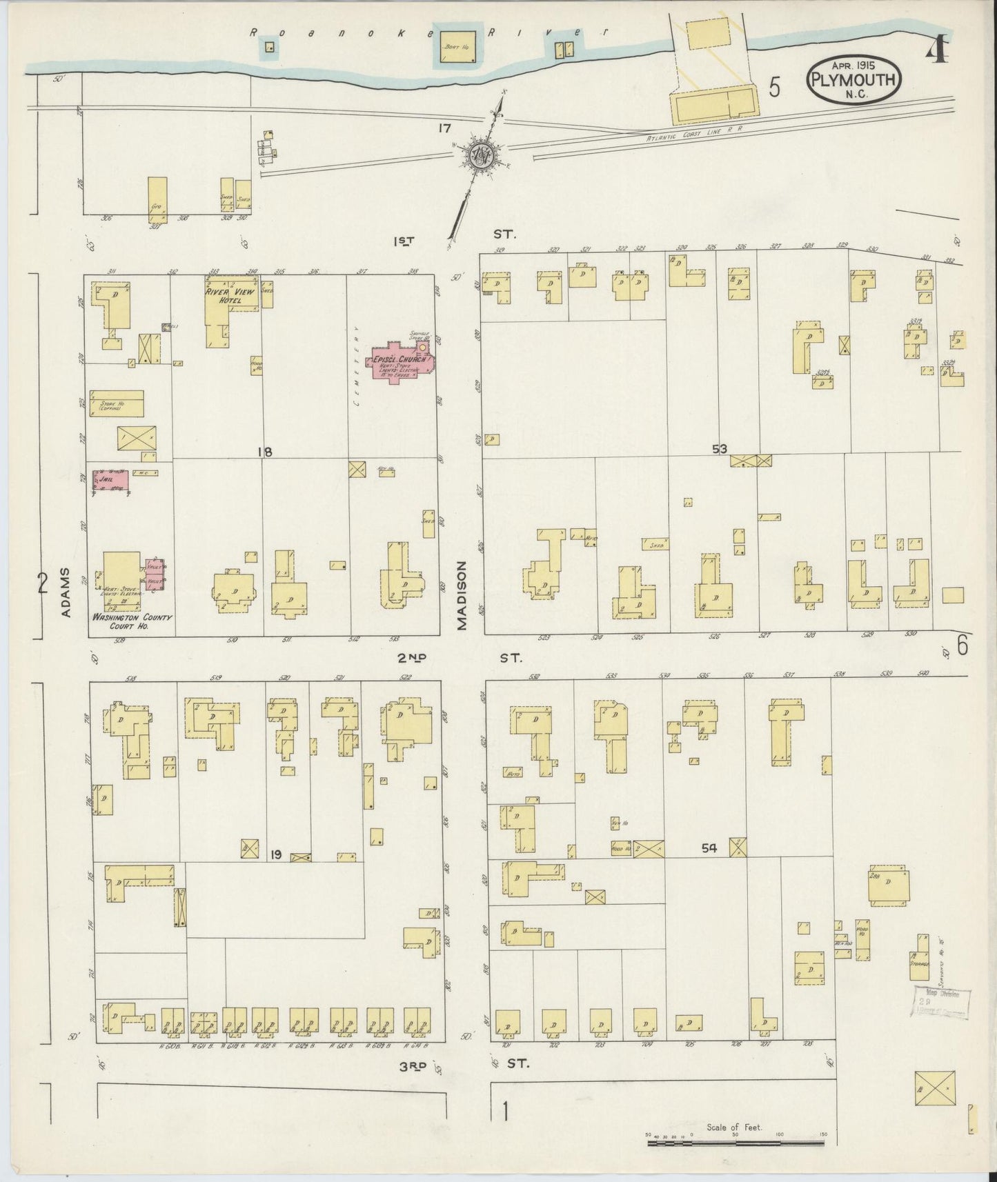 Sanborn Fire Insurance Map from Plymouth, Washington County, North Carolina (1915), Sheet #0004 - Complete Map Set gallery image, historic Sanborn map, vintage wall art, North Carolina North Carolina