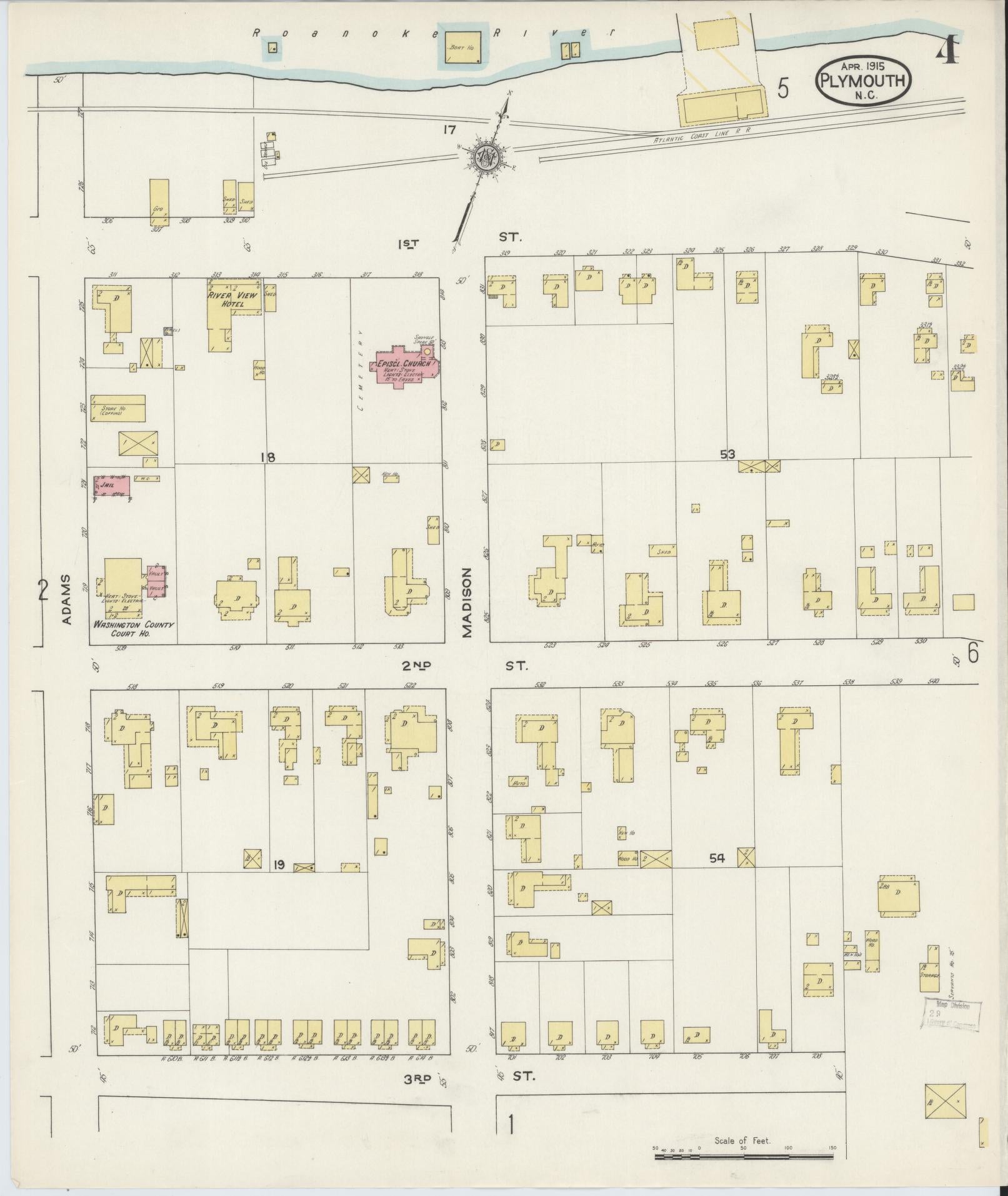 Sanborn Fire Insurance Map from Plymouth, Washington County, North Carolina (1915), Sheet #0004 - Complete Map Set gallery image, historic Sanborn map, vintage wall art, North Carolina North Carolina