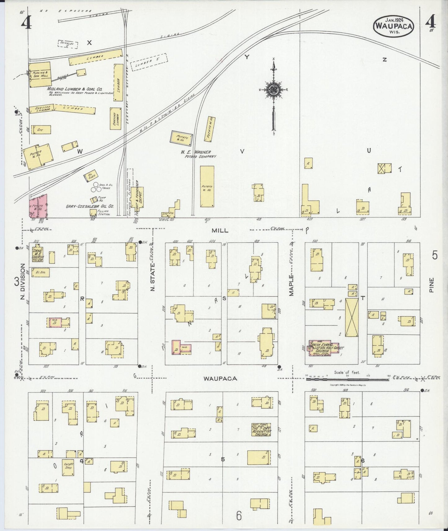 Sanborn Fire Insurance Map from Waupaca, Waupaca County, Wisconsin (1924), Sheet #0004 - Complete Map Set gallery image, historic Sanborn map, vintage wall art, Wisconsin Wisconsin