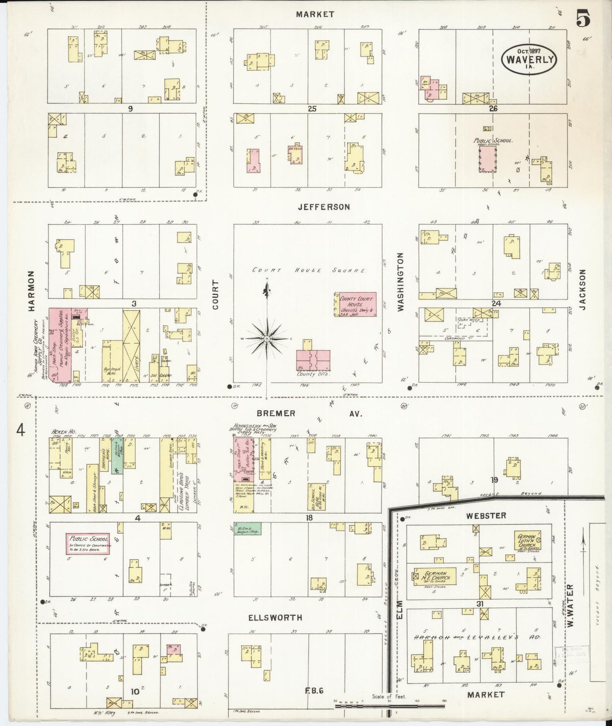 Sanborn Fire Insurance Map from Waverly, Bremer County, Iowa (1897), Sheet #0005 - Historic Sanborn Fire Insurance Map Print, vintage old map wall art