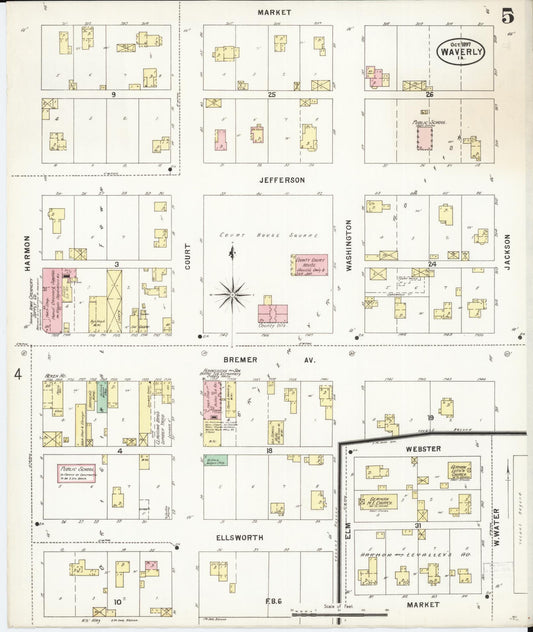 Sanborn Fire Insurance Map from Waverly, Bremer County, Iowa (1897), Sheet #0005 - Historic Sanborn Fire Insurance Map Print, vintage old map wall art