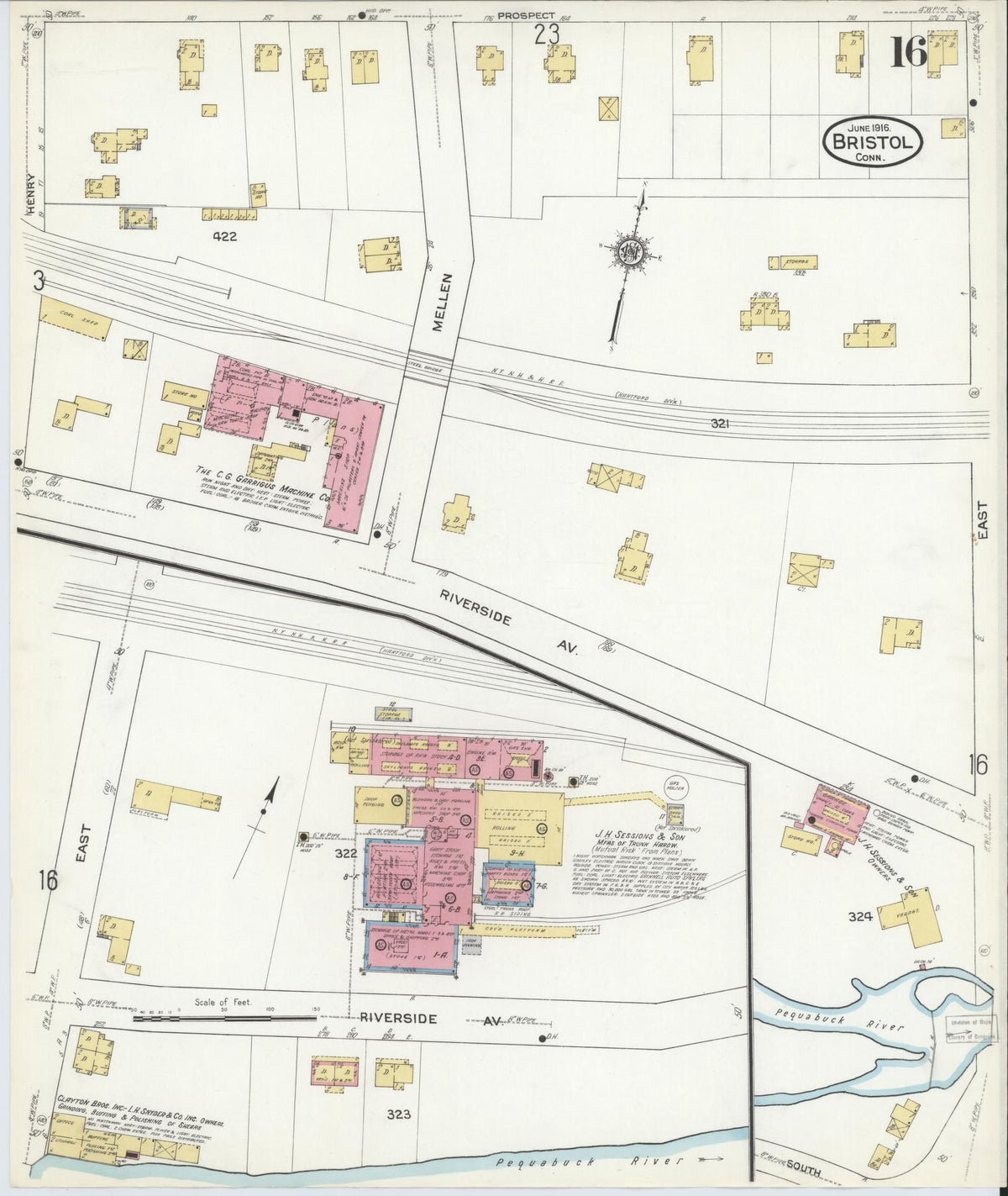 Sanborn Fire Insurance Map from Bristol, Hartford County, Connecticut (1916), Sheet #0016 - Historic Sanborn Fire Insurance Map Print, vintage old map wall art, antique decor, genealogy gift, Connecticut Connecticut map