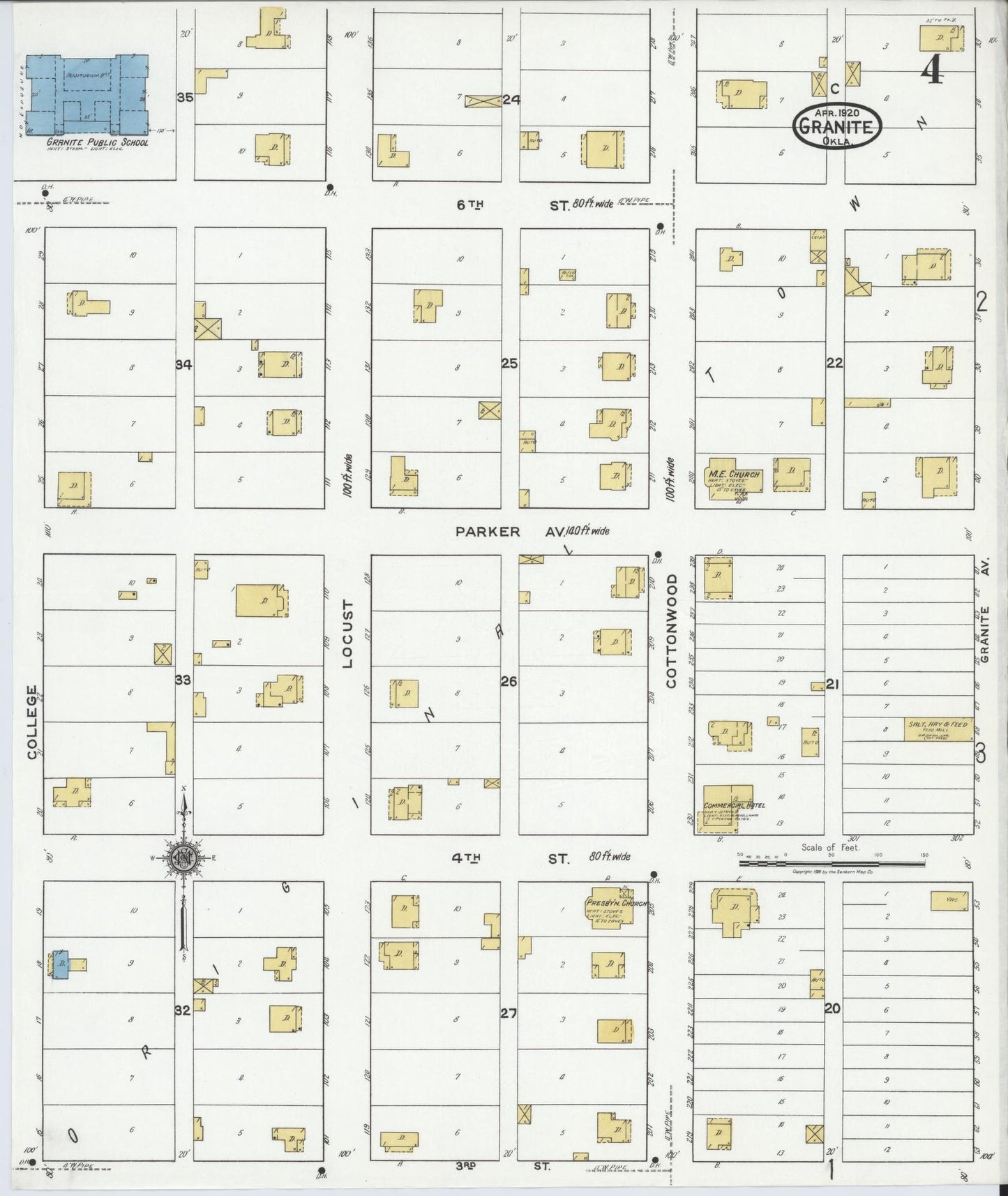 Sanborn Fire Insurance Map from Granite, Greer County, Oklahoma (1920), Sheet #0004 - Complete Map Set gallery image, historic Sanborn map, vintage wall art, Oklahoma Oklahoma