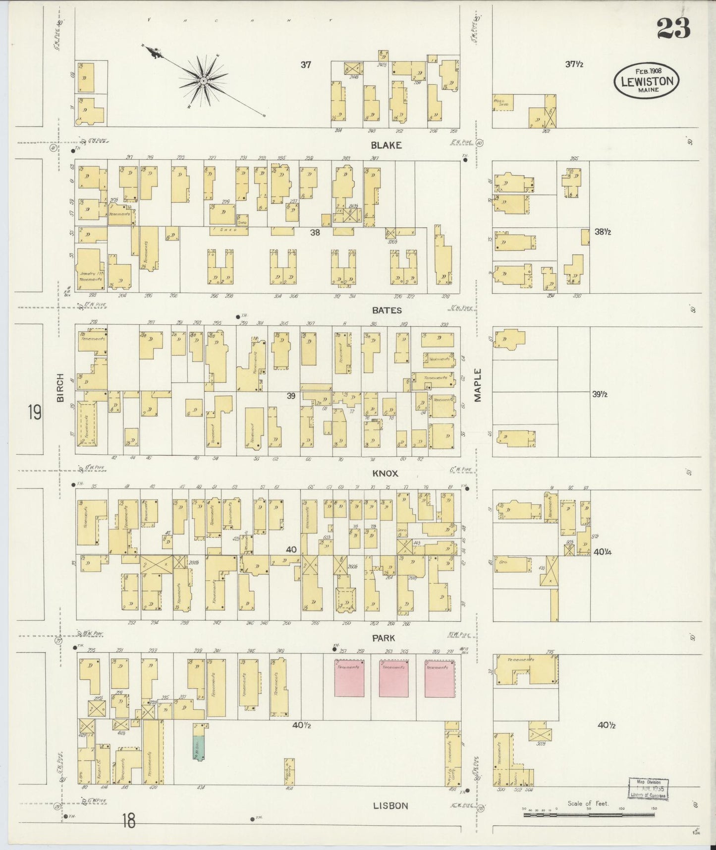 Sanborn Fire Insurance Map from Lewiston, Androscoggin County, Maine (1908), Sheet #0023 - Complete Map Set gallery image, historic Sanborn map, vintage wall art, Maine Maine