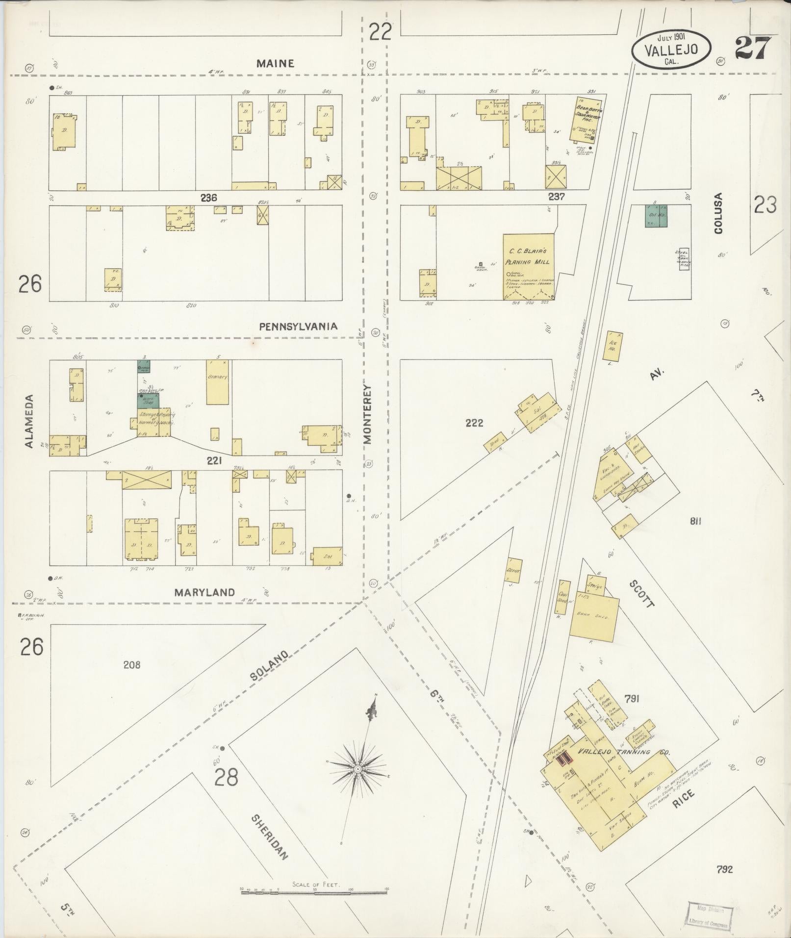 Sanborn Fire Insurance Map from Vallejo, Solano County, California (1901), Sheet #0027 - Complete Map Set gallery image, historic Sanborn map, vintage wall art, California California
