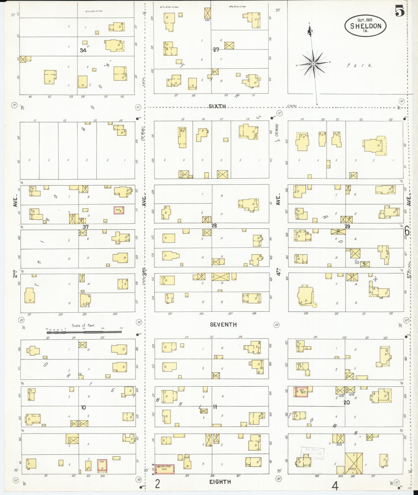 Sanborn Fire Insurance Map from Sheldon, O'Brien County, Iowa (1901), Sheet #0005 - Historic Sanborn Fire Insurance Map Print, vintage old map wall art