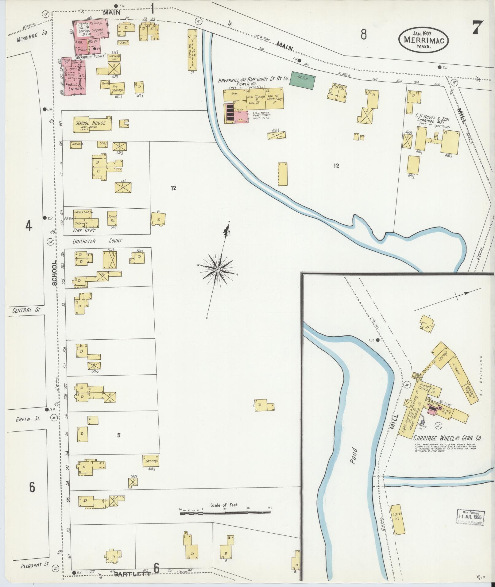 Sanborn Fire Insurance Map from Merrimac, Essex County, Massachusetts (1907), Sheet #0007 - Complete Map Set gallery image, historic Sanborn map, vintage wall art, Massachusetts Massachusetts