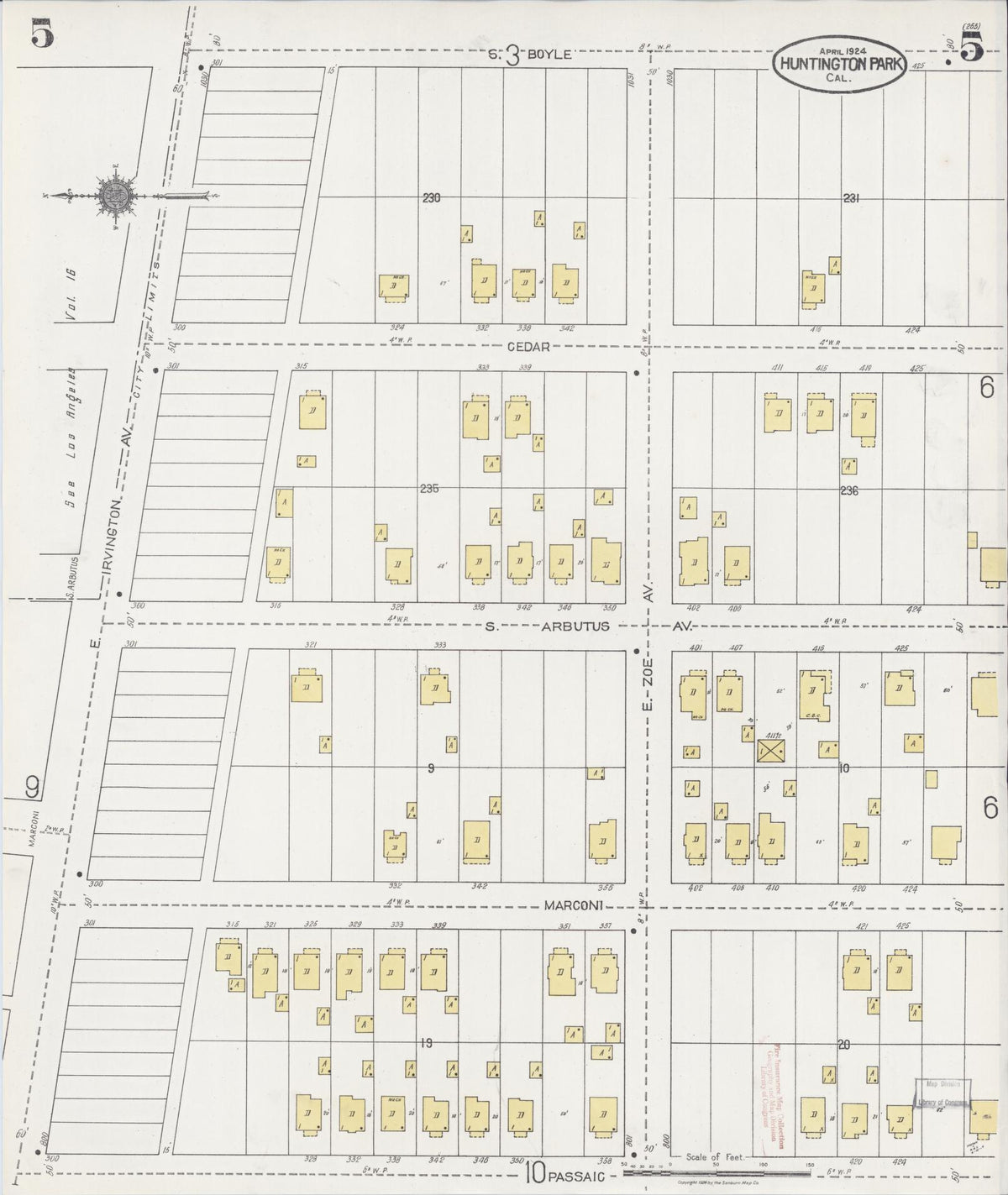 Sanborn Fire Insurance Map from Huntington Park, Los Angeles County, California (1924), Sheet #0005 - Complete Map Set gallery image, historic Sanborn map, vintage wall art, California California