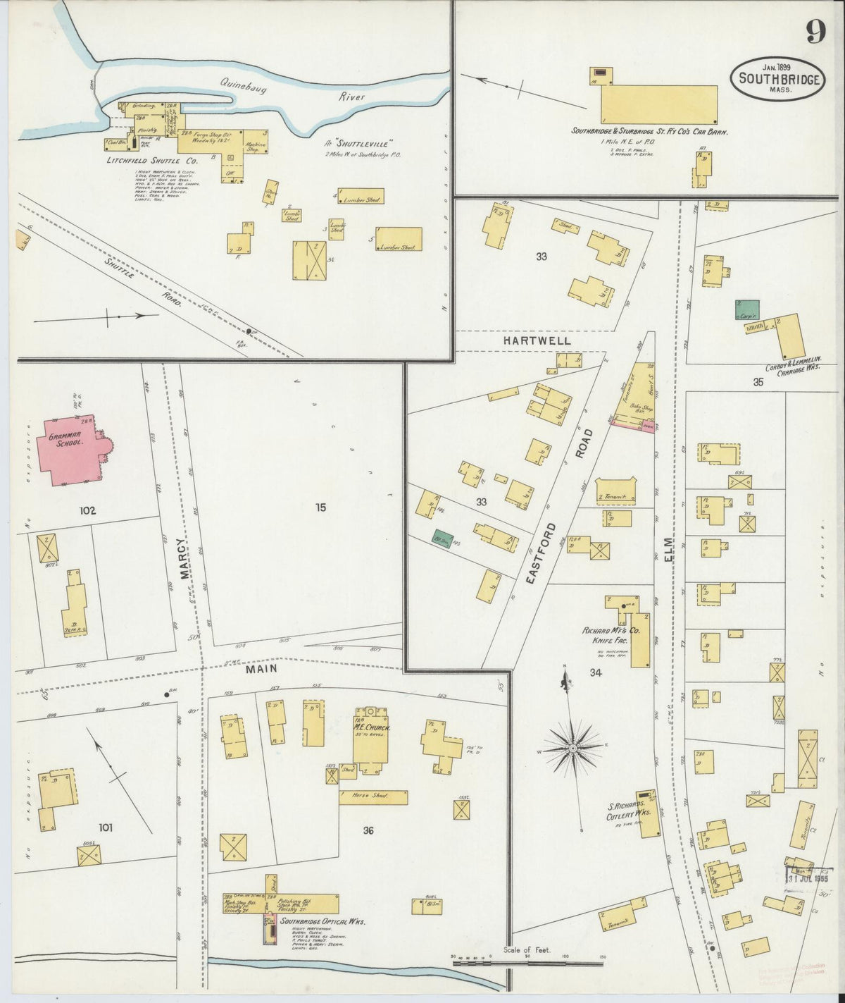 Sanborn Fire Insurance Map from Southbridge, Worcester County, Massachusetts (1899), Sheet #0009 - Complete Map Set gallery image, historic Sanborn map, vintage wall art, Massachusetts Massachusetts
