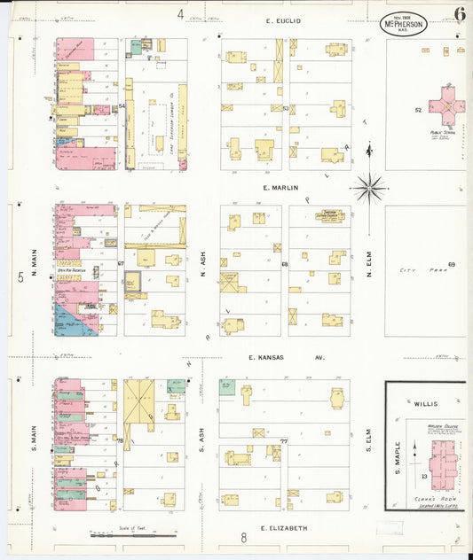 Sanborn Fire Insurance Map from Mcpherson, Mcpherson County, Kansas (1908), Sheet #0006 - Historic Sanborn Fire Insurance Map Print, vintage old map wall art, antique decor, genealogy gift, Kansas Kansas map