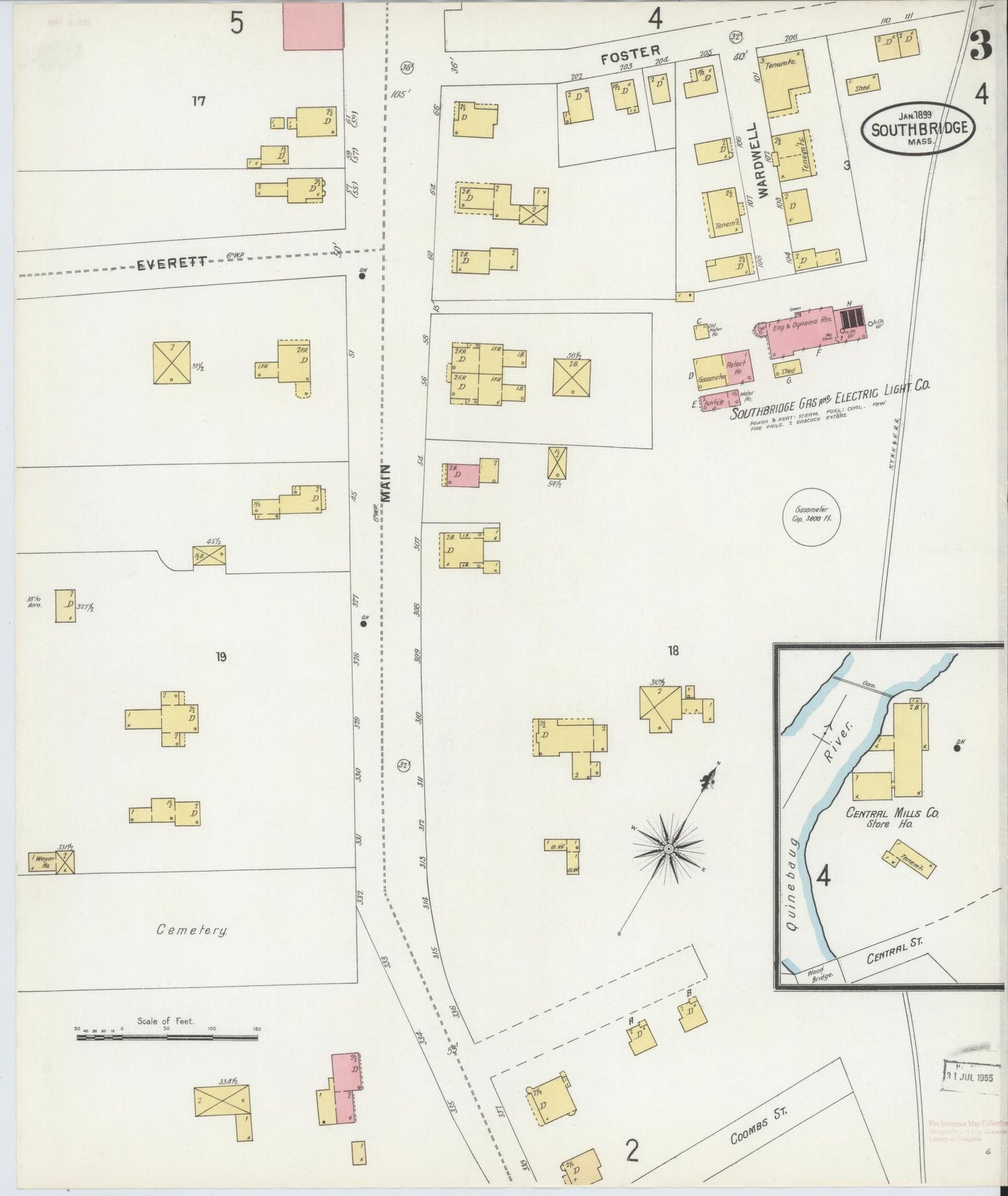 Sanborn Fire Insurance Map from Southbridge, Worcester County, Massachusetts (1899), Sheet #0003 - Historic Sanborn Fire Insurance Map Print, vintage old map wall art, antique decor, genealogy gift, Massachusetts Massachusetts map