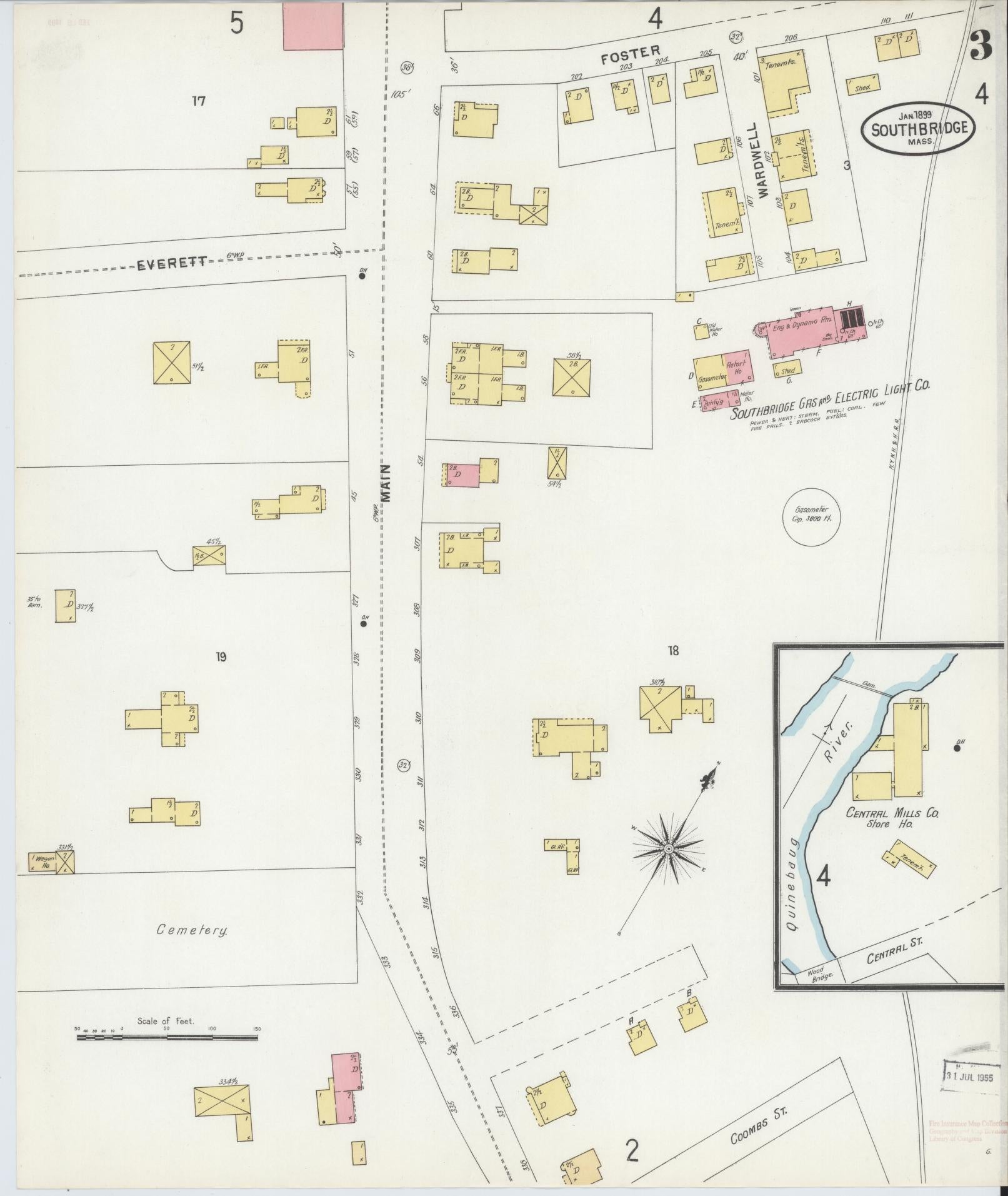 Sanborn Fire Insurance Map from Southbridge, Worcester County, Massachusetts (1899), Sheet #0003 - Historic Sanborn Fire Insurance Map Print, vintage old map wall art, antique decor, genealogy gift, Massachusetts Massachusetts map
