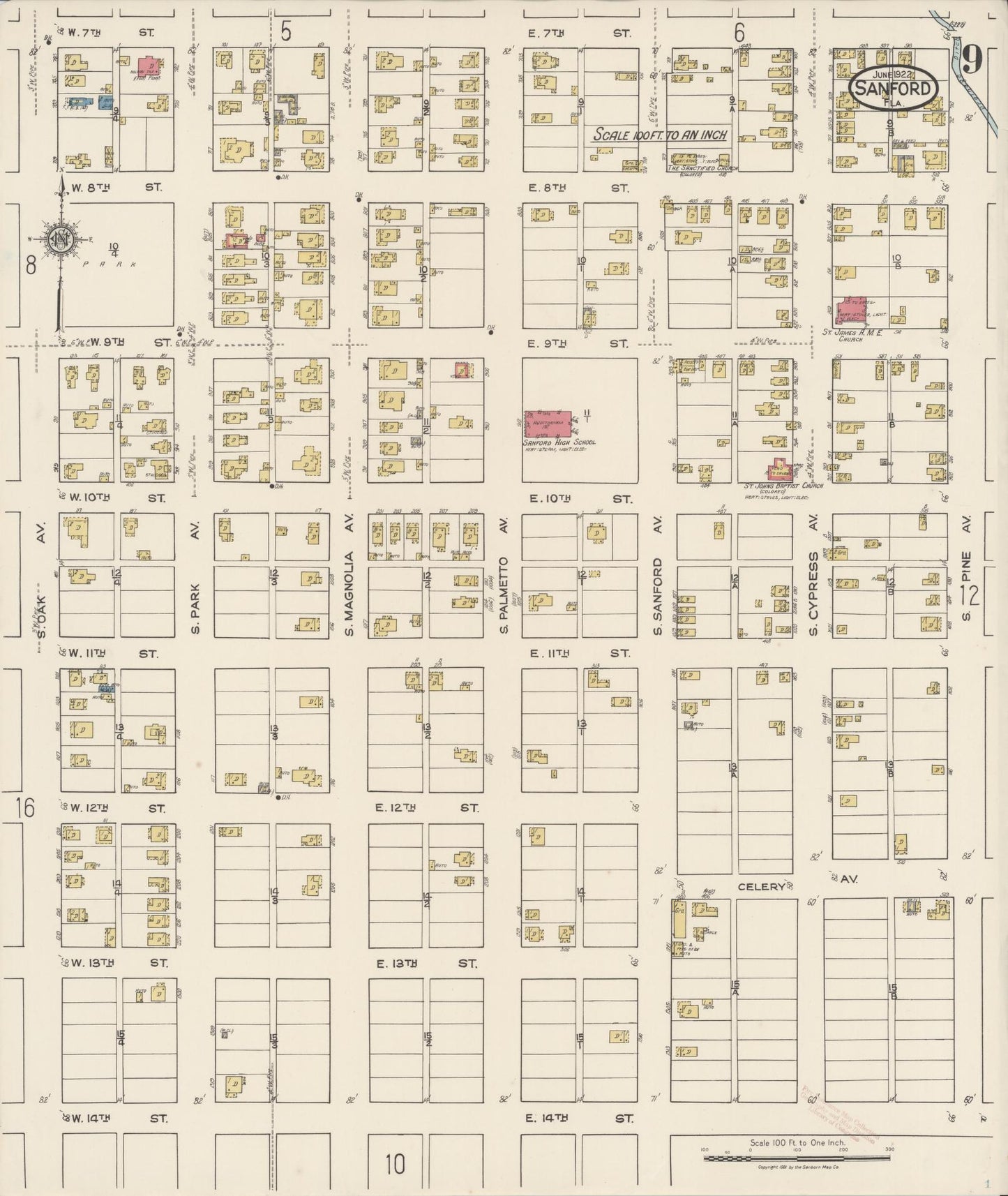 Sanborn Fire Insurance Map from Sanford, Seminole County, Florida (1922), Sheet #0009 - Complete Map Set gallery image, historic Sanborn map, vintage wall art, Florida Florida