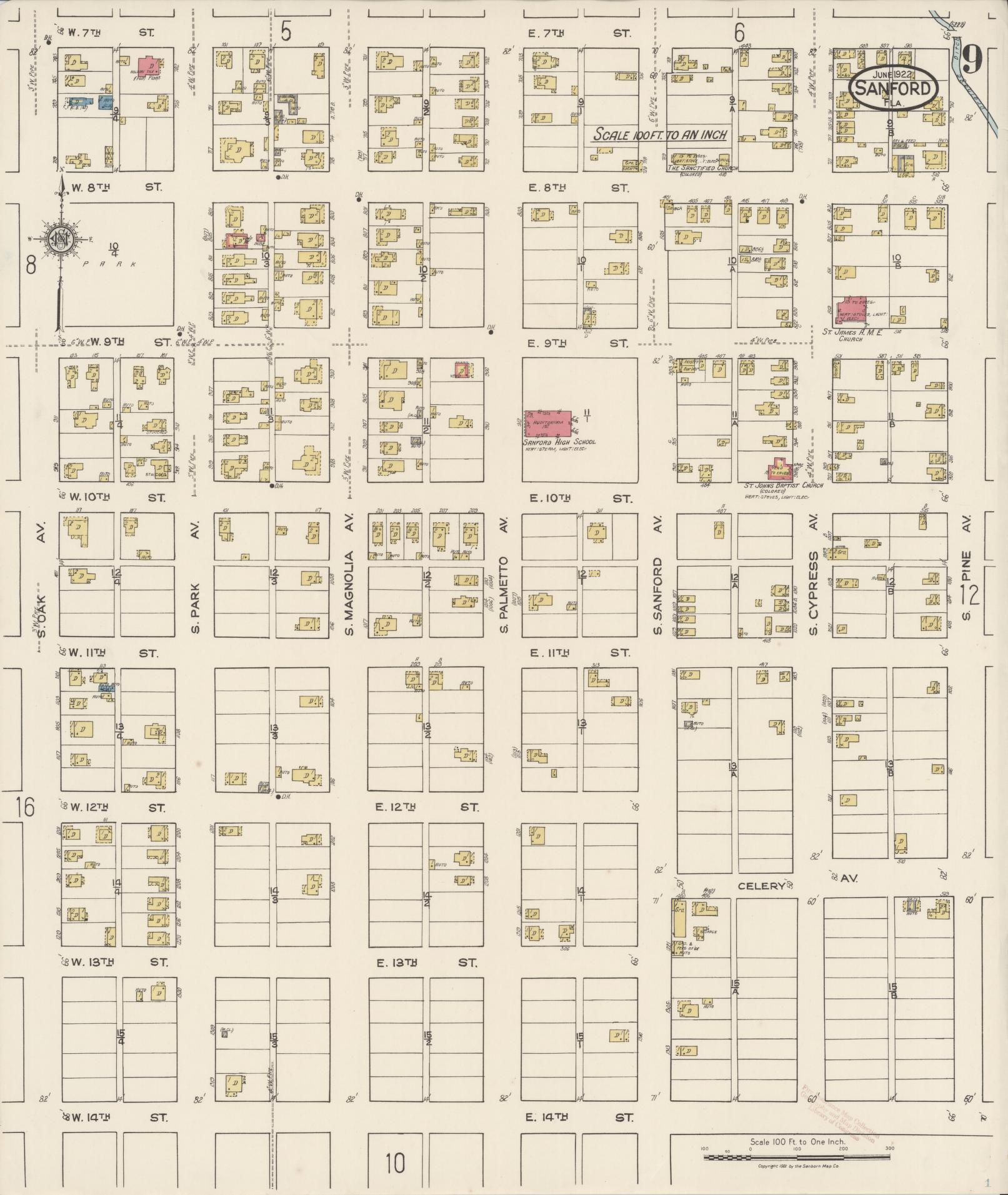 Sanborn Fire Insurance Map from Sanford, Seminole County, Florida (1922), Sheet #0009 - Complete Map Set gallery image, historic Sanborn map, vintage wall art, Florida Florida